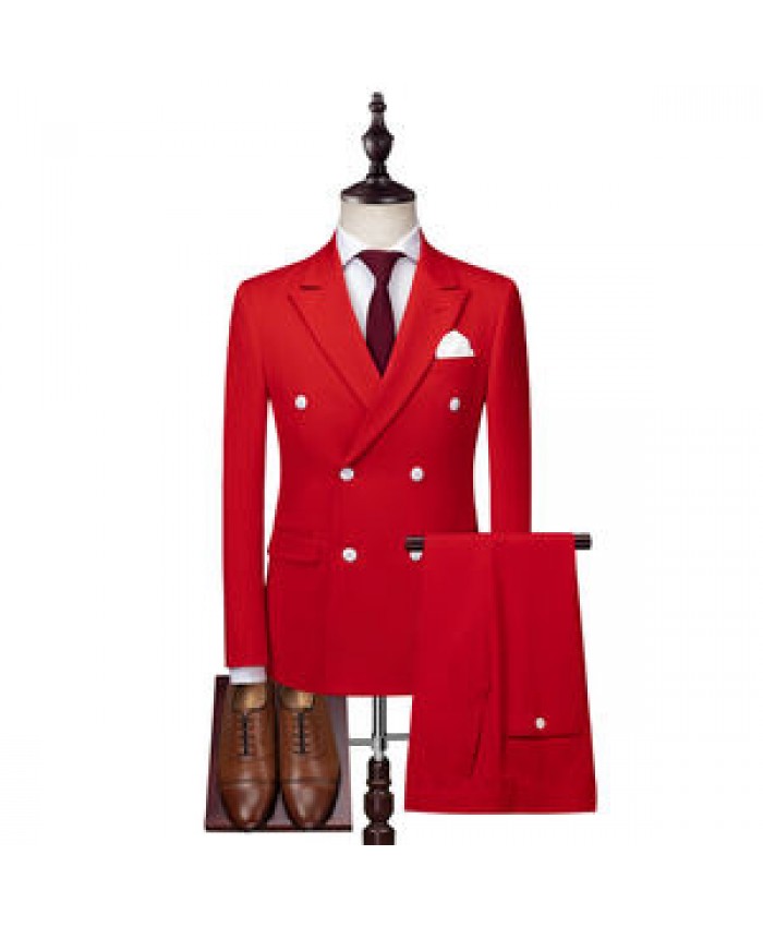 HD110 Double Breasted Suit Men Red With White Buttons 3 Pieces Wedding Suits For Men Customized Slim Fit Mens Business Suits